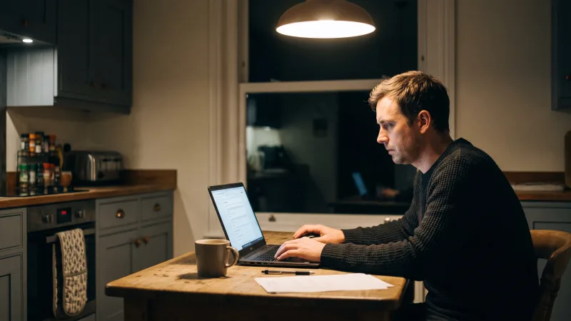 A man fills in a healthcare job application on a laptop at his kitchen table in the evening