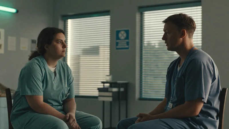 Two clinicians talking quietly in a hospital side room during a difficult conversation