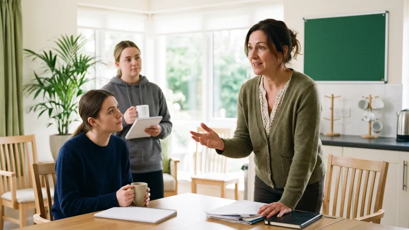 A care home manager briefing two members of her team in a bright staff room