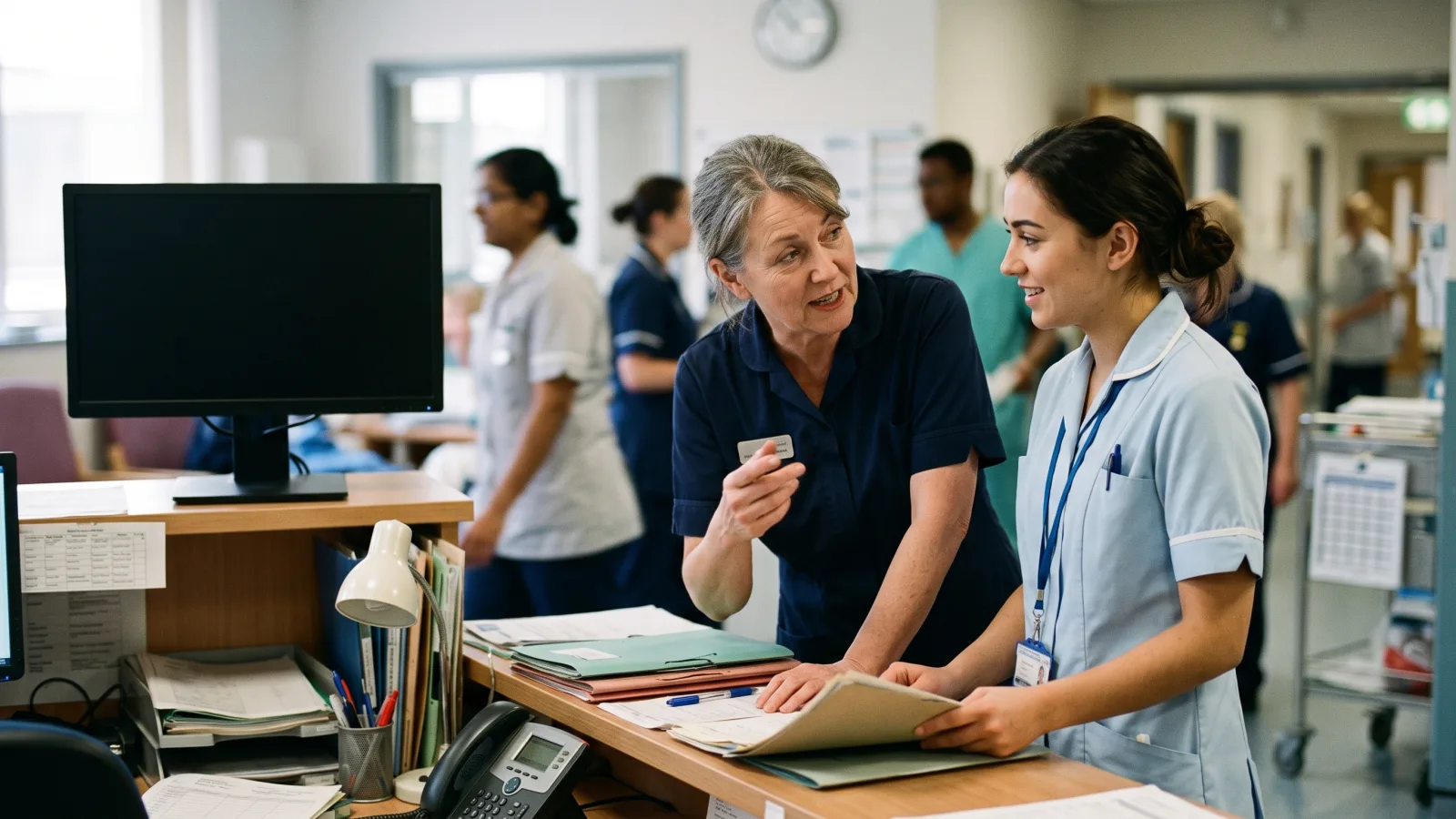 A senior nurse explaining something to a younger colleague at a nurses’ station