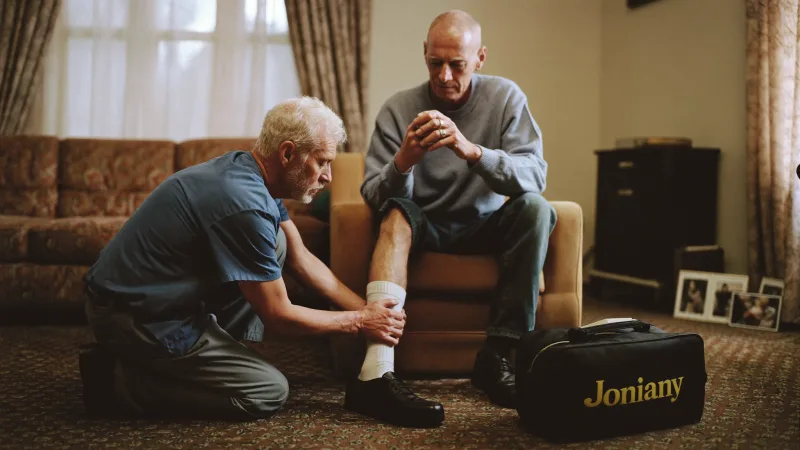 A community nurse dressing a patient’s leg wound in their own living room