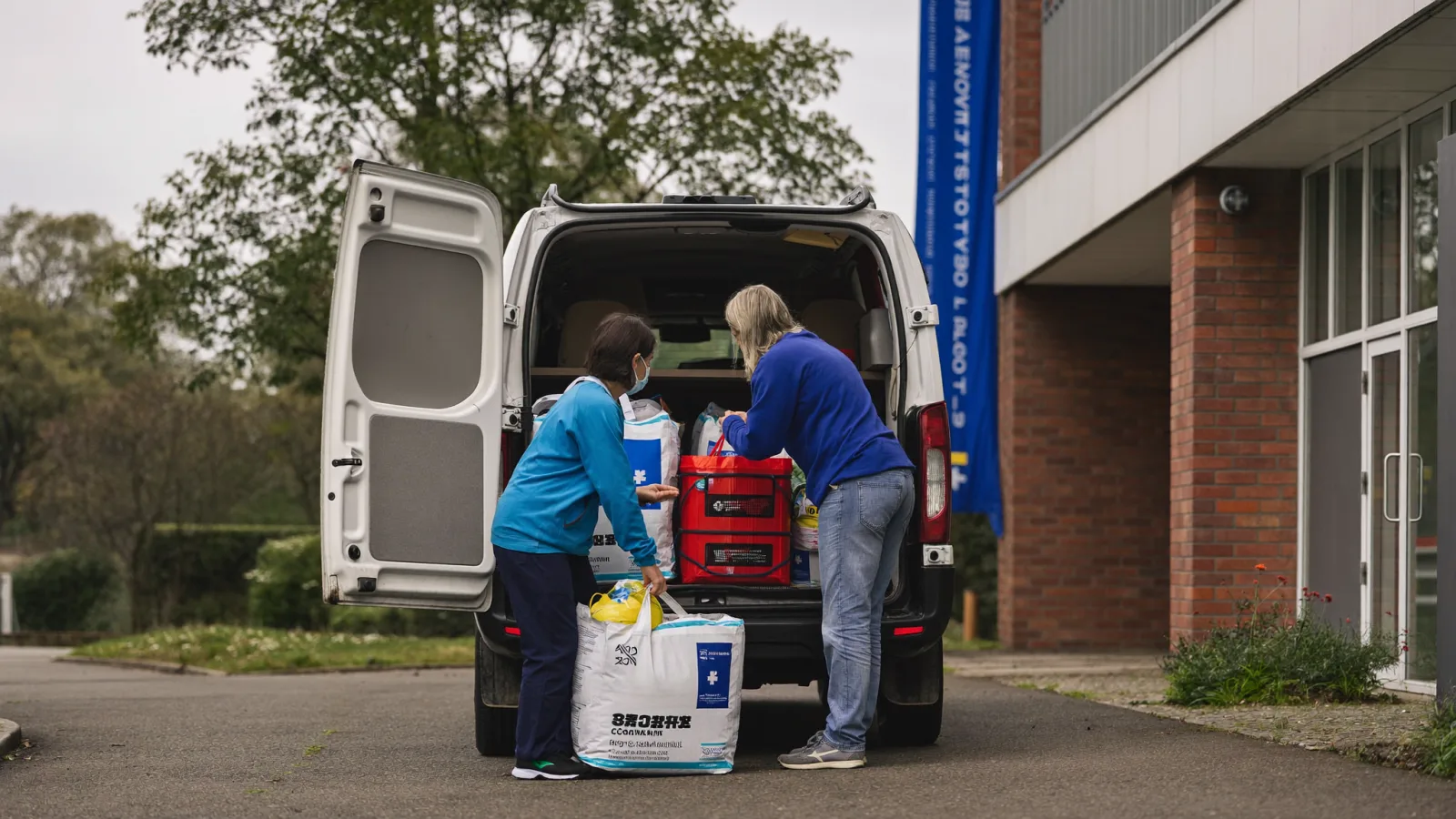 A community health team loading equipment into a van outside a health centre
