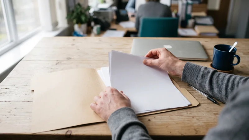 Hands sorting pre-employment paperwork into a folder on a desk