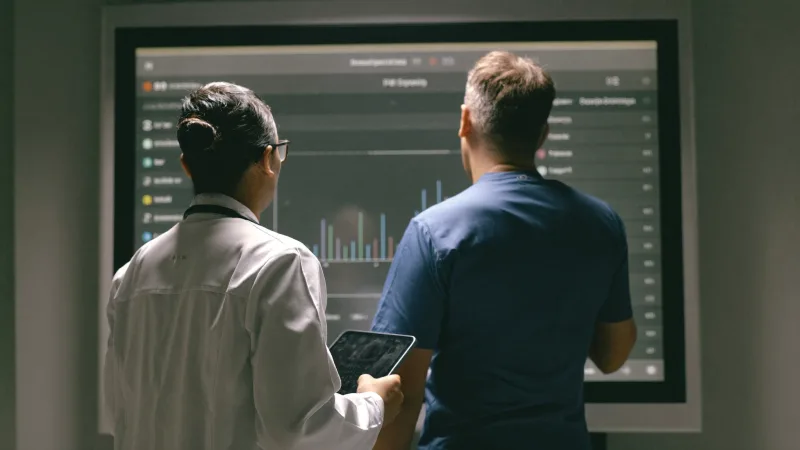A clinician reviewing a patient’s electronic record on a wall-mounted screen with a colleague