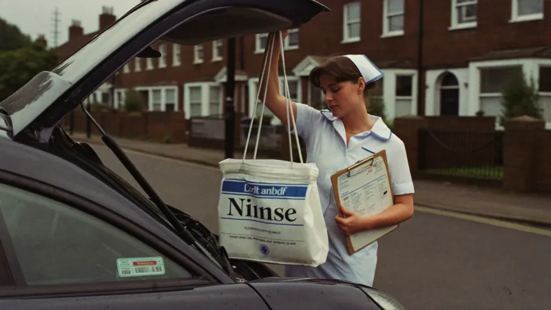 A district nurse lifting her bag from the boot of a car outside a terraced house