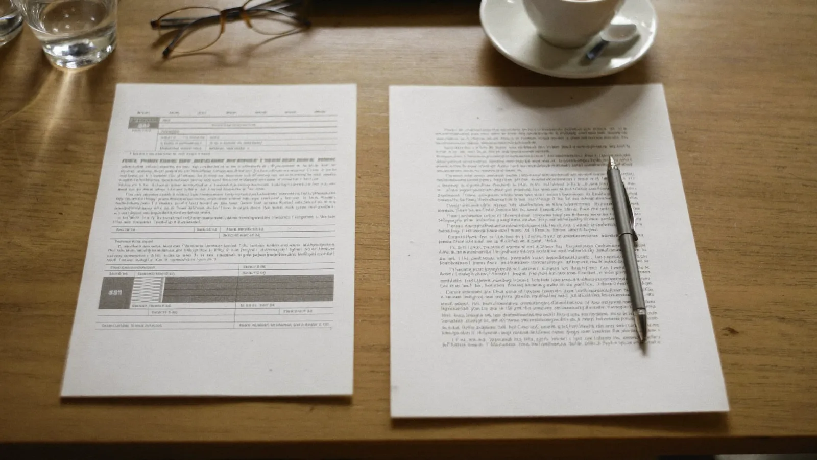 A printed application form and a CV side by side on a desk with a pen resting between them
