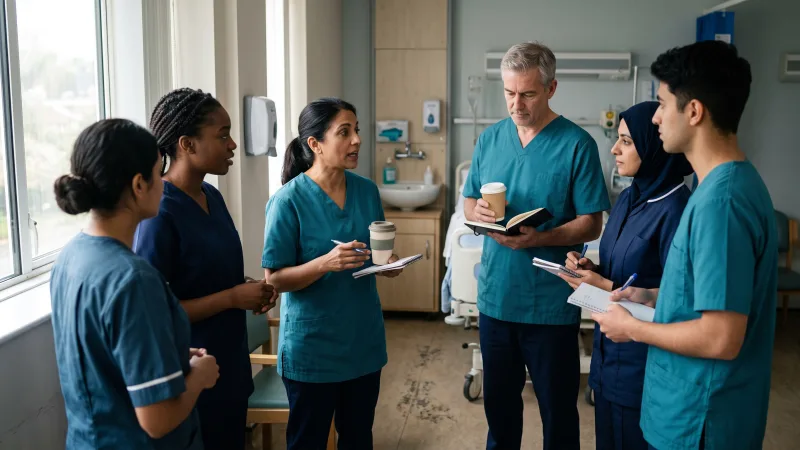 Staff standing in a huddle for the shift handover at the start of the day