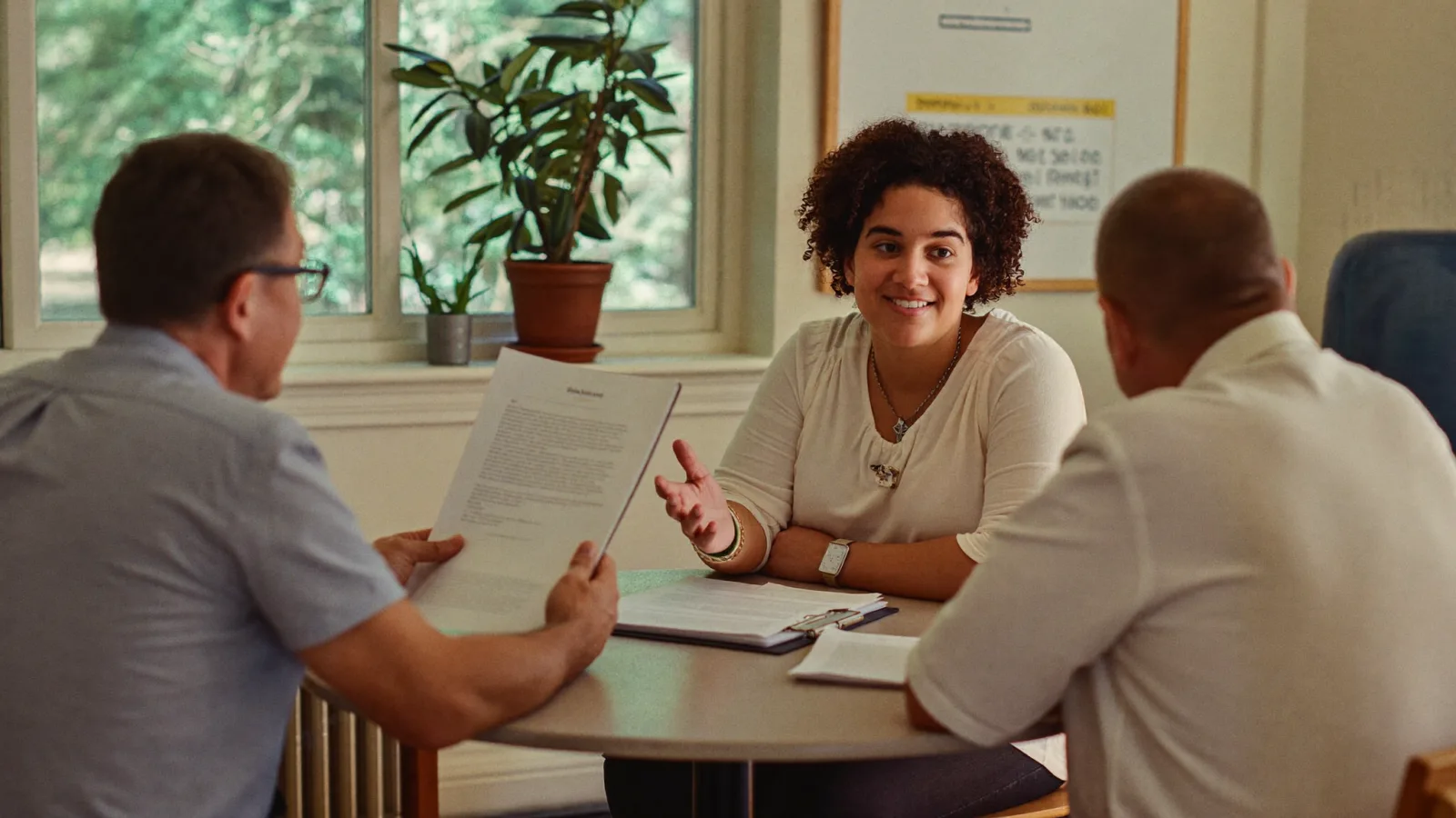 A candidate in conversation with two interviewers across a small table in a care home meeting room