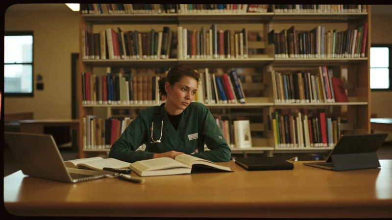 A healthcare assistant in uniform studying textbooks in a hospital library