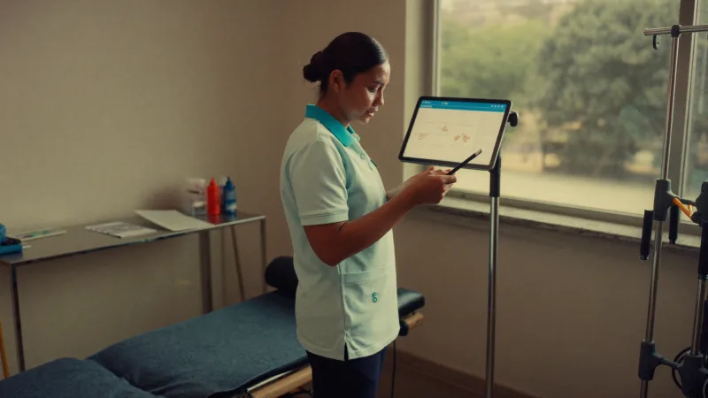 A physiotherapist checking her professional registration on a tablet in a clinic treatment room