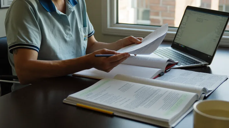 A clinician reading through a membership and indemnity policy document at a desk