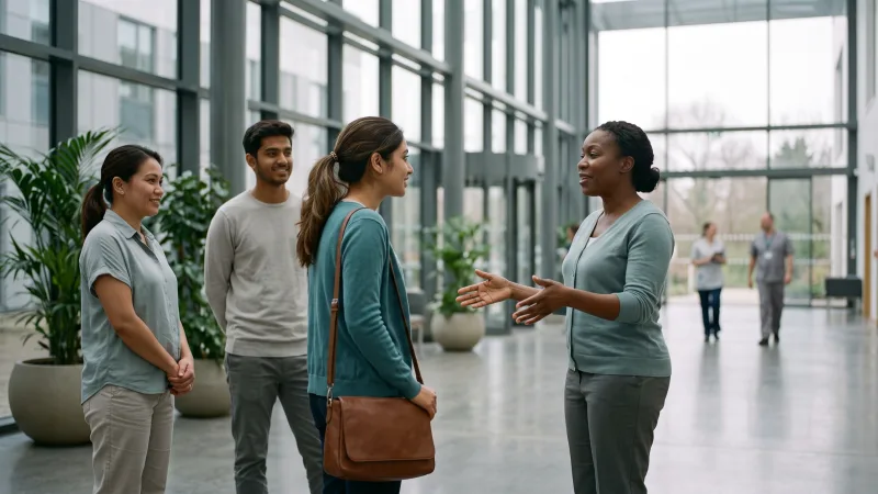 A colleague welcoming a group of internationally recruited staff in a hospital atrium