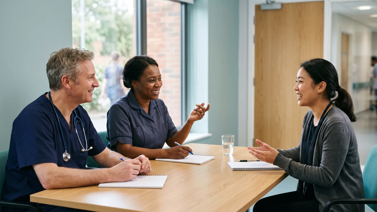 Two interviewers talking with a candidate across a table in a bright hospital meeting room