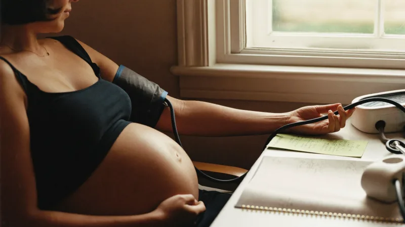 A midwife checking a pregnant woman’s blood pressure during an antenatal appointment