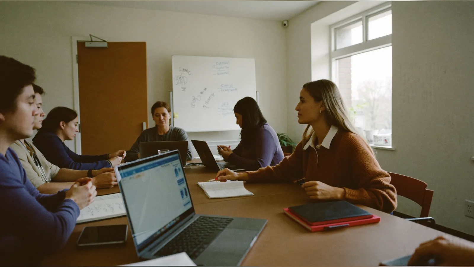 A service manager leading a team meeting around a table in a hospital meeting room