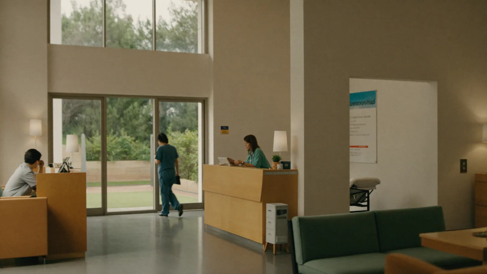 The reception area of a modern private hospital, with a receptionist at the desk and a nurse walking through