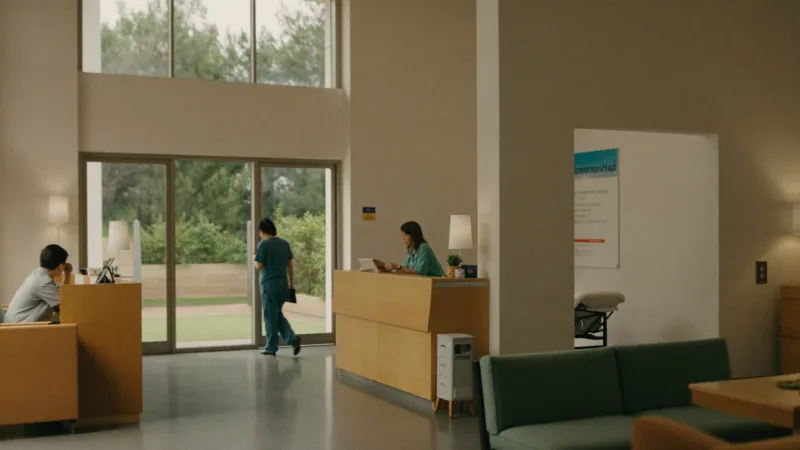 The reception area of a modern private hospital, with a receptionist at the desk and a nurse walking through