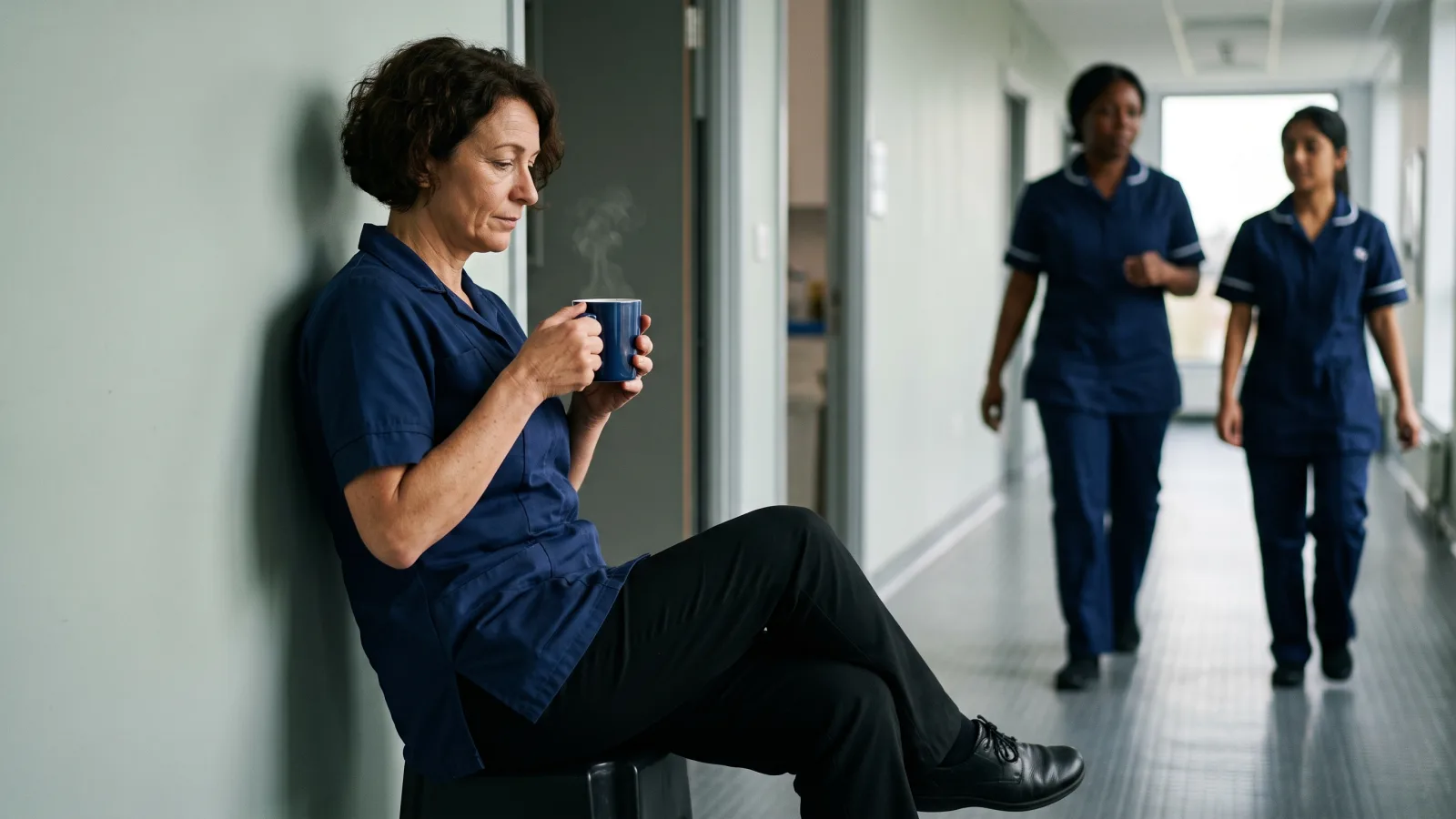 A nurse takes a moment with a cup of tea in a hospital corridor while colleagues pass behind her