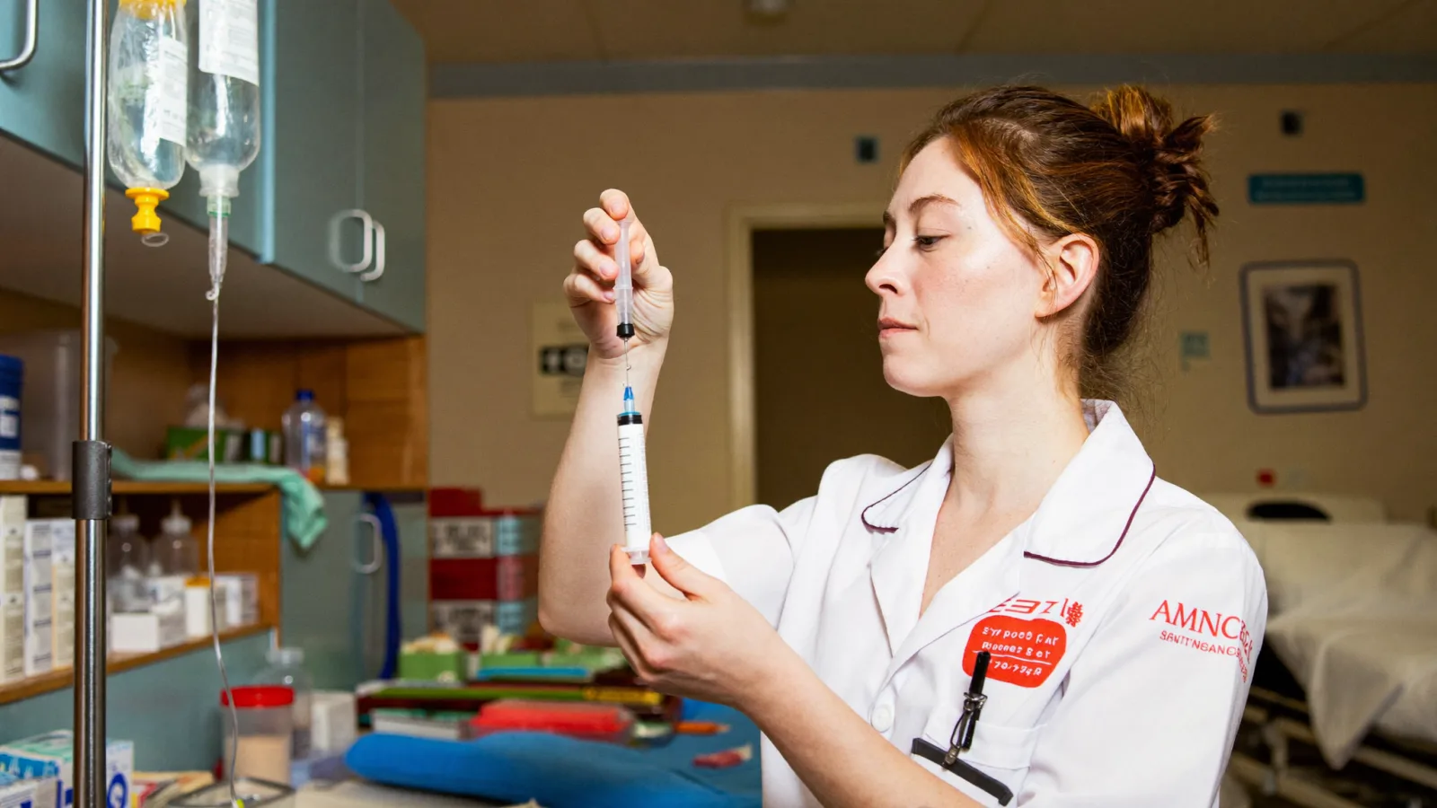 A nursing associate preparing medication at a ward preparation area