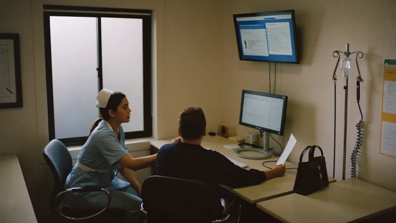 An occupational health nurse talking with a new starter in a consultation room