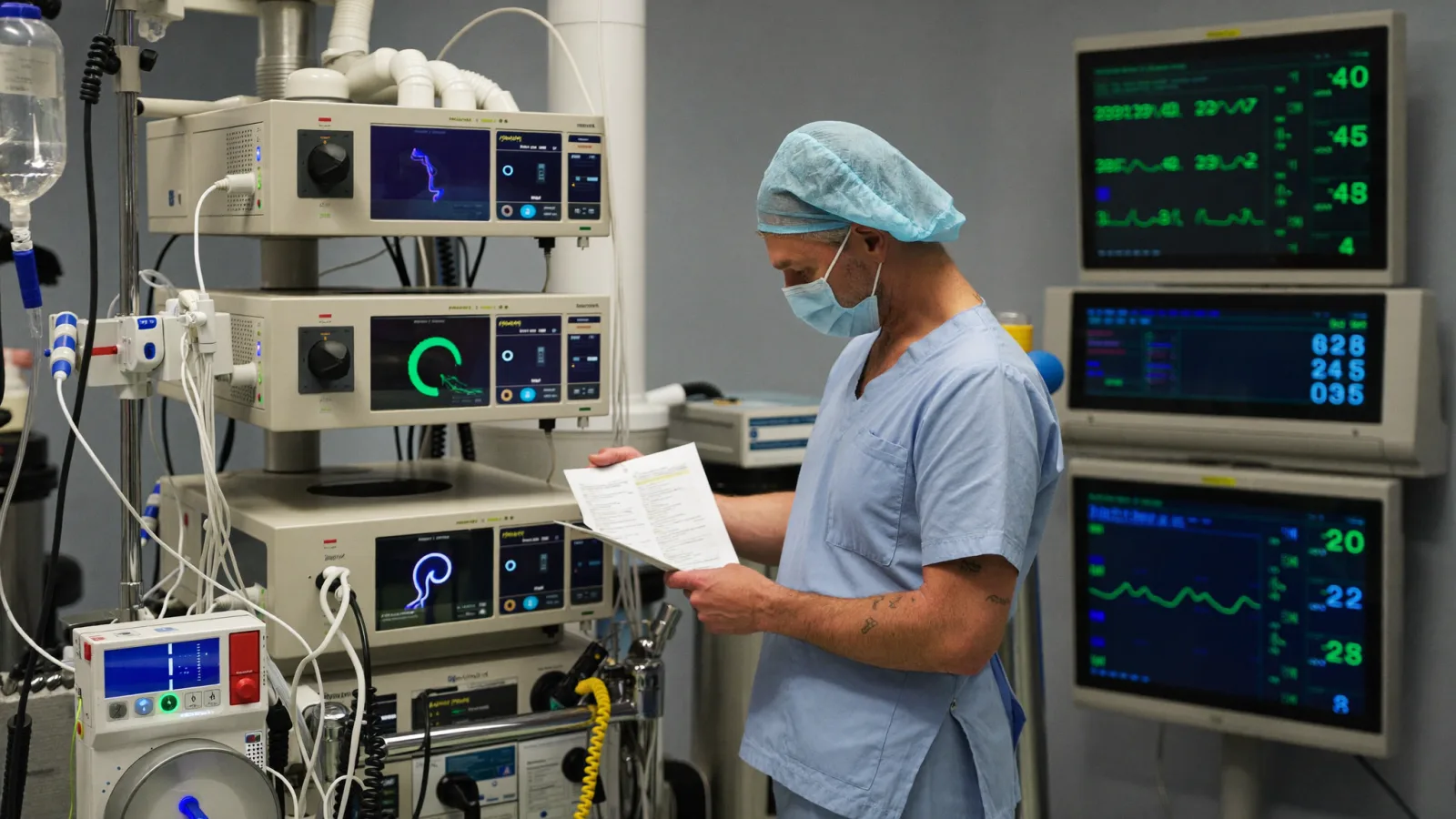 An operating department practitioner preparing anaesthetic equipment before a list