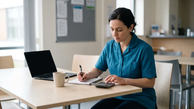 A nurse works through her pay with a calculator and a notebook in a hospital staff room