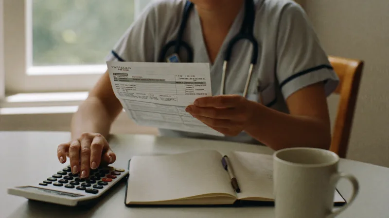 A nurse reading a payslip at a kitchen table with a calculator and a notebook beside her