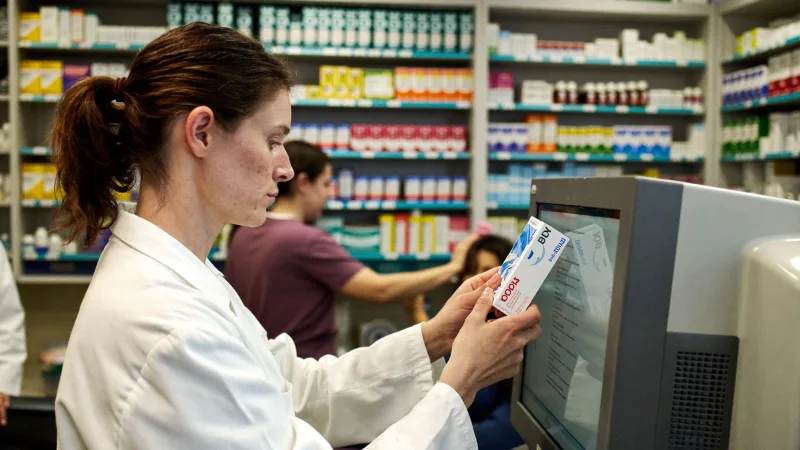 A hospital pharmacist checking medication against a prescription in a dispensary