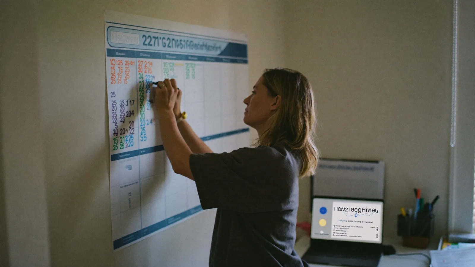 A clinician planning a working week across several roles on a wall planner