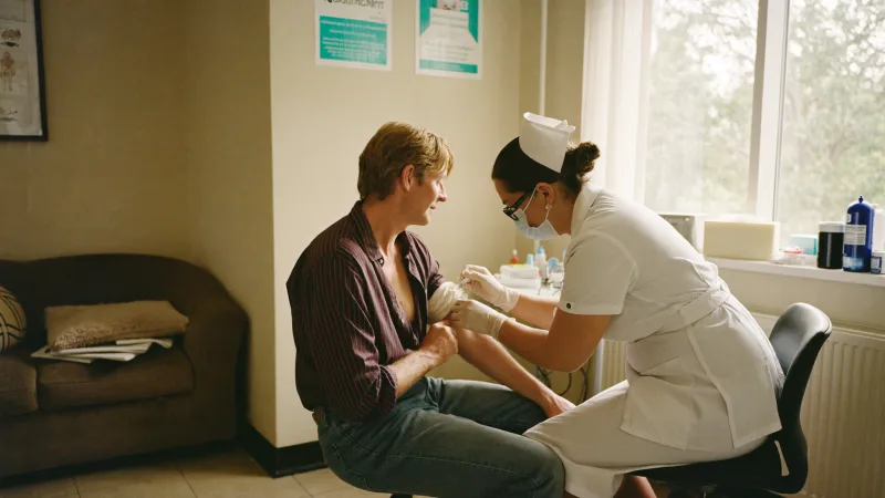 A practice nurse preparing a vaccination in a GP treatment room