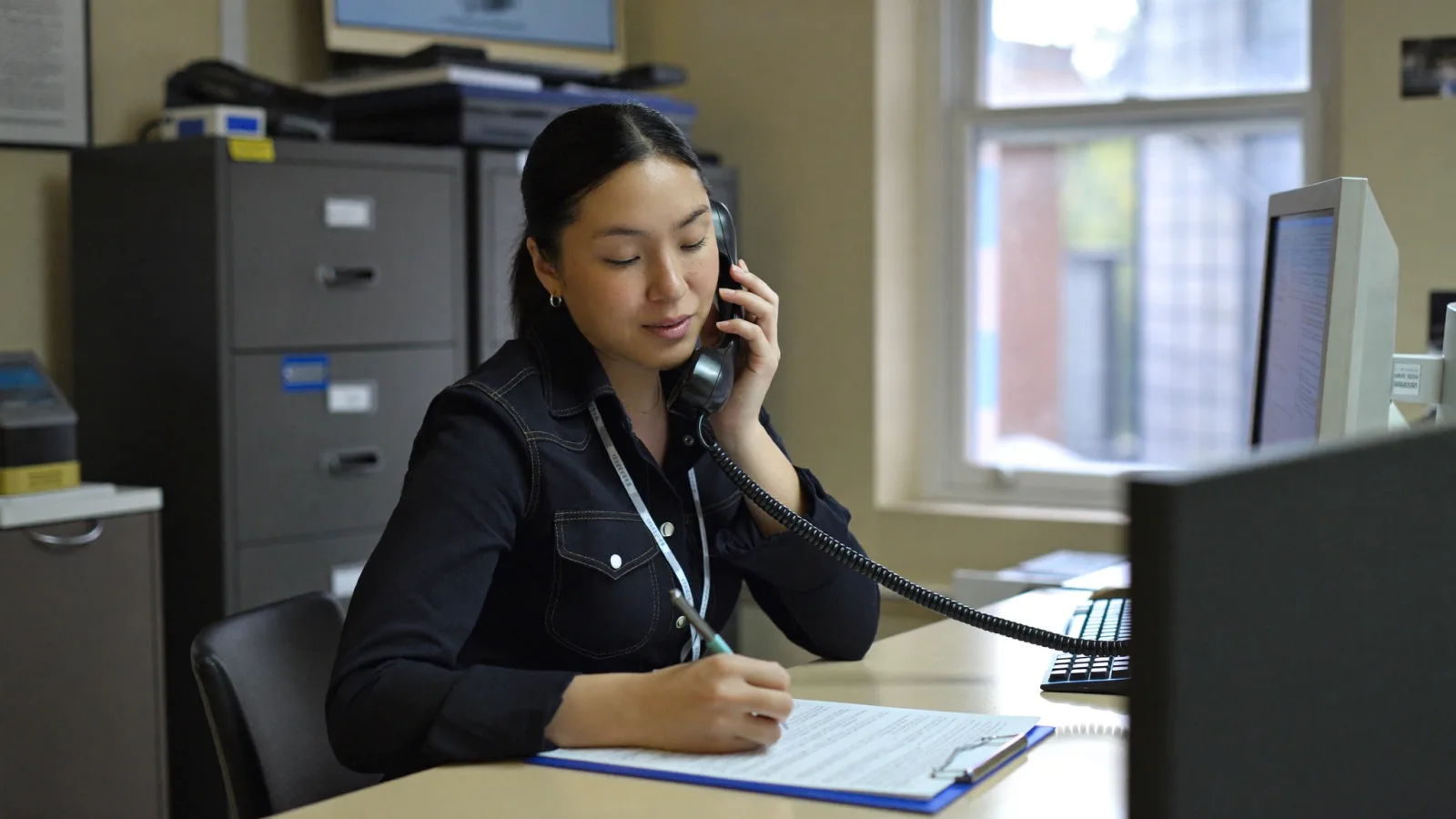 An HR officer on the phone taking notes while checking an employment reference