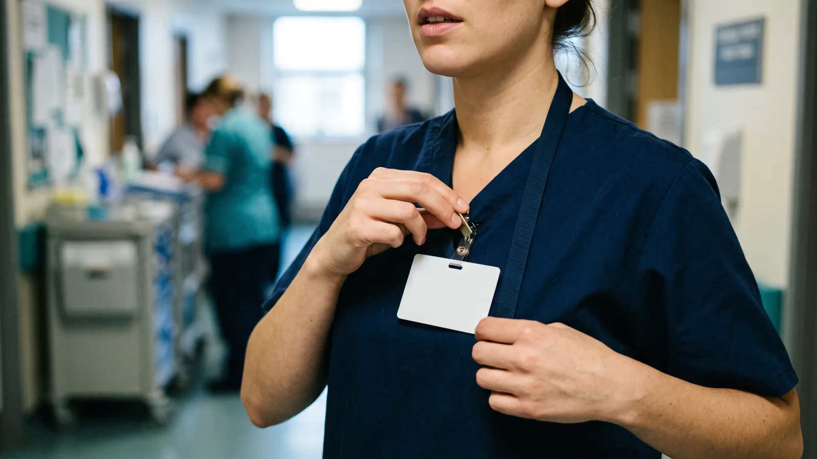 A nurse clips on her ID lanyard at the start of a shift