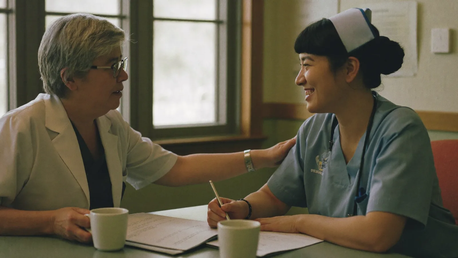 A manager and a newly qualified nurse in a supportive one-to-one conversation