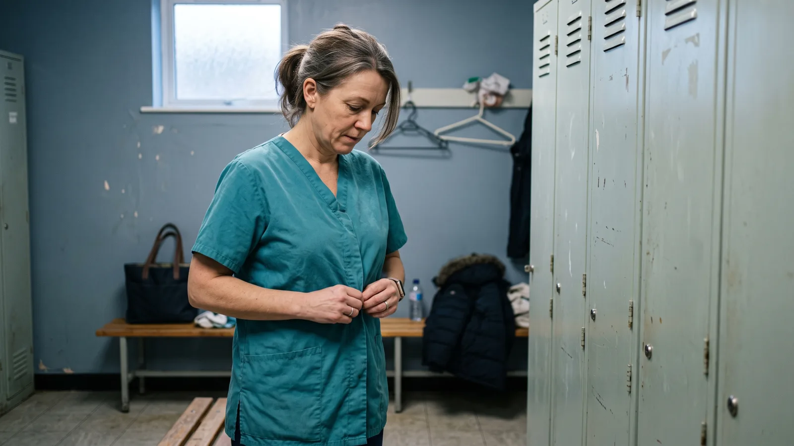 A nurse returning after a career break fastens her tunic in the staff changing room before her first shift back