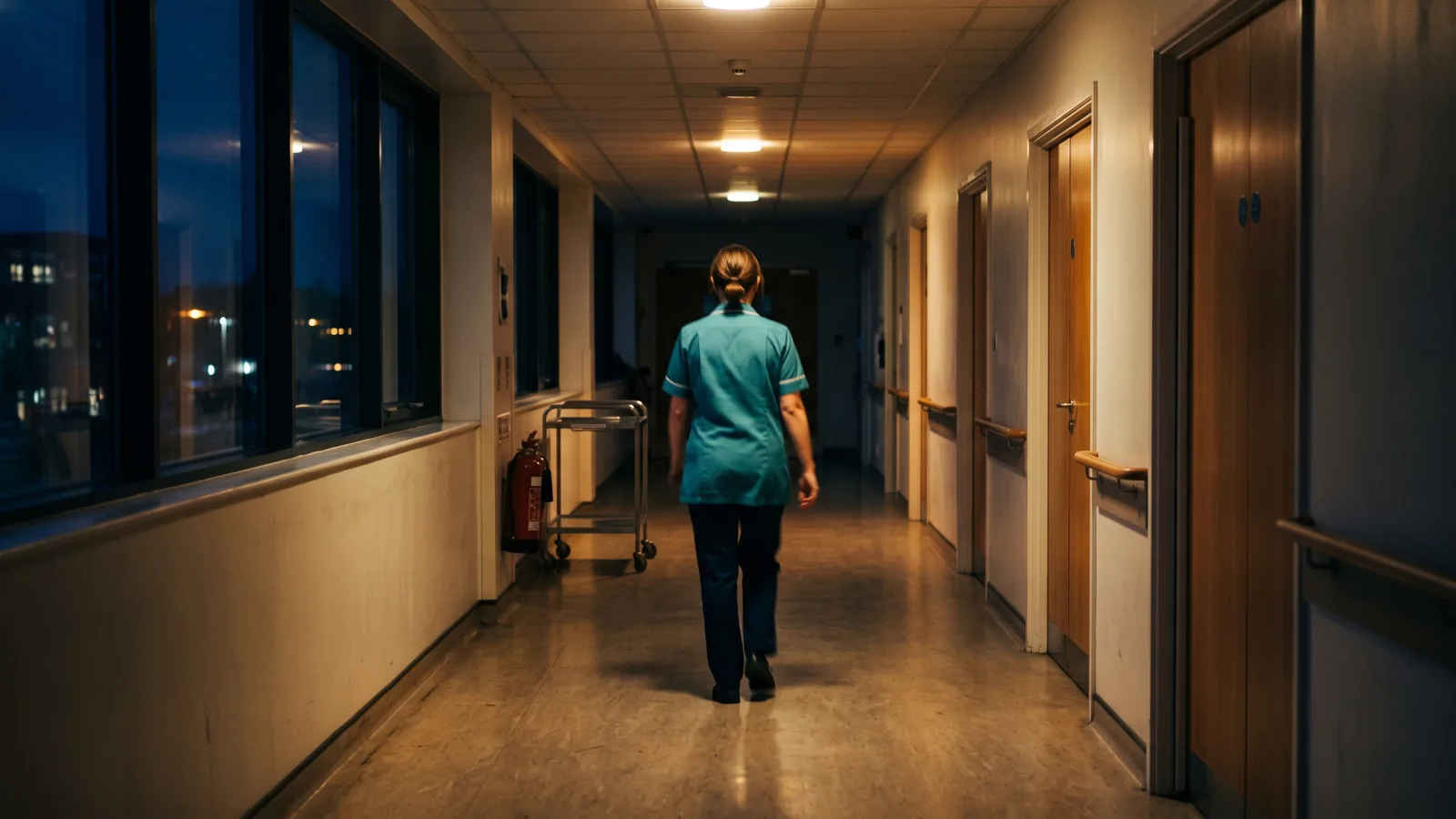 A nurse walking down a hospital corridor lit for the night shift