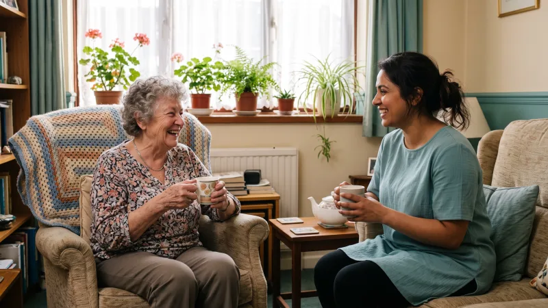 A care worker and an older woman sharing a cup of tea in a bright living room