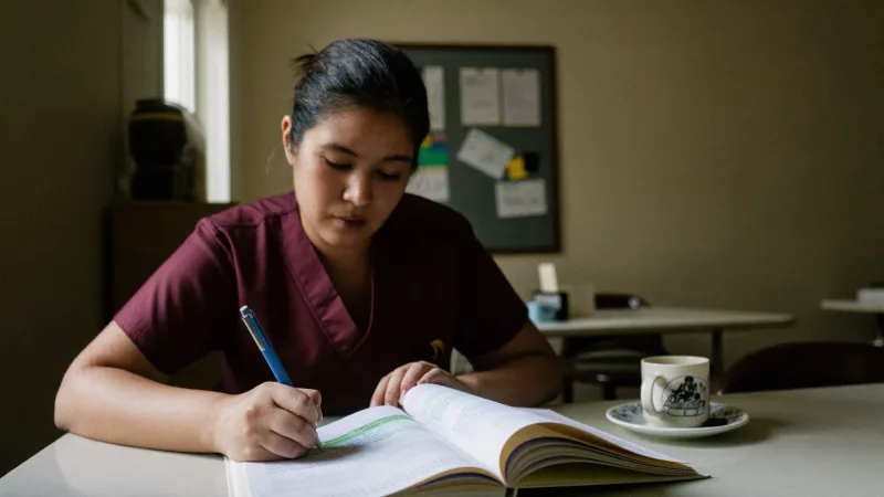 A care worker studying a course workbook at a table in a care home staff room