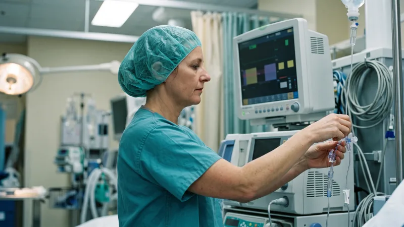 A theatre nurse checking a patient monitor and infusion lines