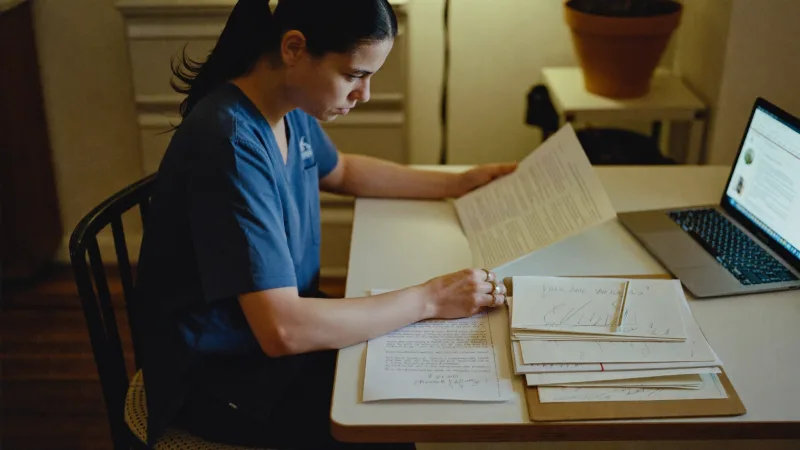An internationally recruited nurse reviewing visa paperwork and a new job offer letter