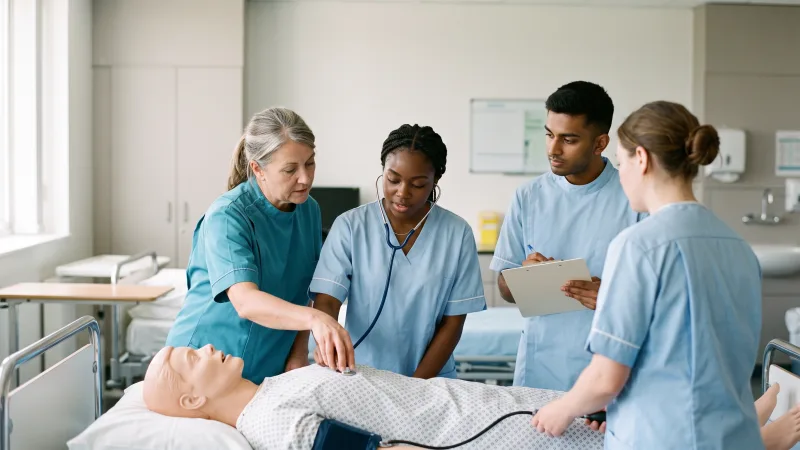 Trainees practising clinical observations on a manikin while an instructor guides them