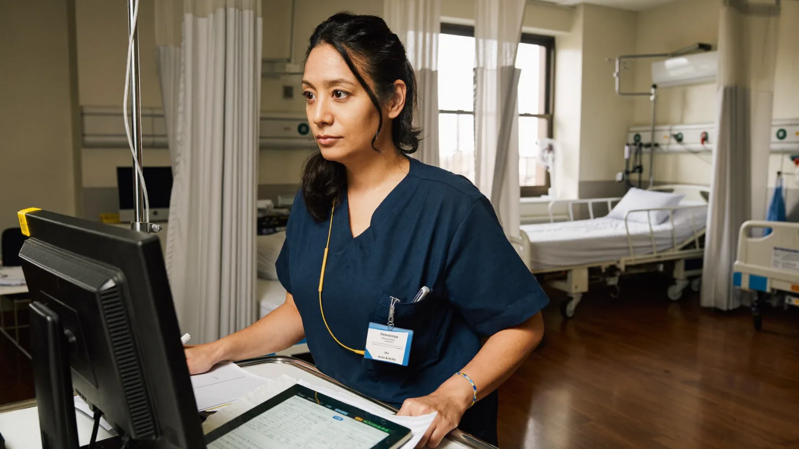 A ward nurse updating notes on a computer trolley in a hospital bay
