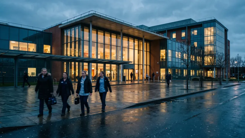 Staff leaving a modern UK hospital entrance at dusk